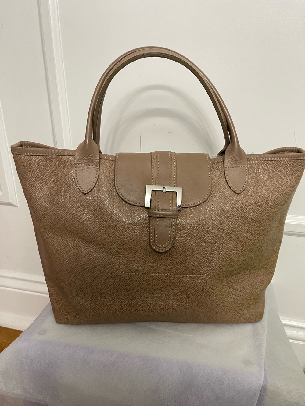 Longchamp Brown Pebbled Leather Tote with Buckle Flap